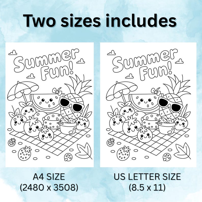 May include: Black and white coloring pages with the text "Summer Fun!" featuring cartoon fruits like watermelon, pineapple, and strawberries. Includes A4 and US Letter sizes for printing.
