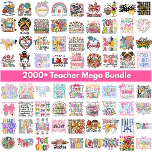 Könnte beinhalten: Eine digitale Sammlung von über 2000 Grafiken zum Thema Lehrer mit bunten Illustrationen von Äpfeln, Stiften, Büchern, Blumen, Schleifen und Regenbögen sowie verschiedenen Schriftarten, inklusive des Textes 2000+ Teacher Mega Bundle.