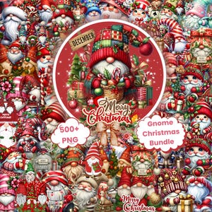 May include: A festive digital art composition featuring numerous Christmas gnomes in various poses and designs. A central circular design reads "Merry Christmas" and "December", with a gnome holding gifts. The image includes the text "Gnome Christmas Bundle" and "500+ PNG".