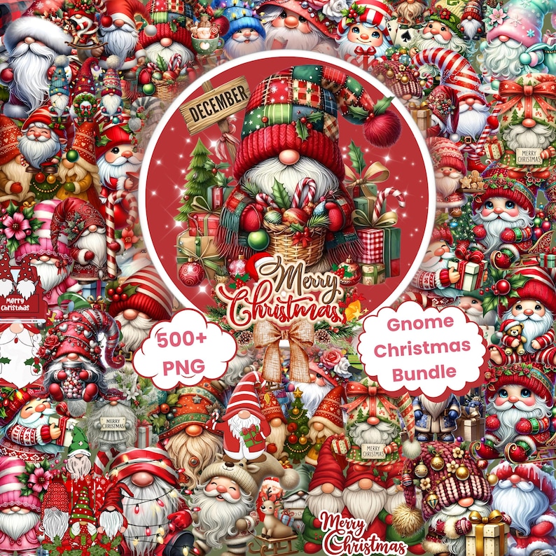 May include: A festive digital art composition featuring numerous Christmas gnomes in various poses and designs. A central circular design reads "Merry Christmas" and "December", with a gnome holding gifts. The image includes the text "Gnome Christmas Bundle" and "500+ PNG".