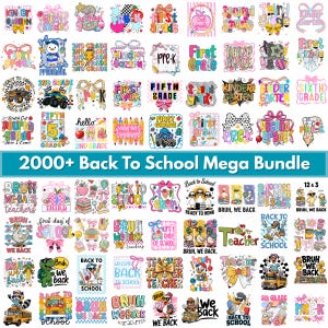 Op de afbeelding: Een digitale collectie van meer dan 2000 kleurrijke grafische ontwerpen met schoolthema-illustraties, inclusief tekst voor groepen van de kleuterschool tot groep acht, schoolbussen, potloden, appels en eenden met de tekst 2000+ Back To School Mega Bundle.