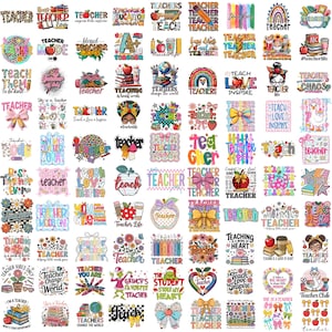 May include: A collection of colorful graphic designs featuring the word teacher, apples, pencils, books, rainbows, bows, and floral patterns. These diverse illustrations incorporate various fonts, vibrant color palettes, and school-themed motifs.