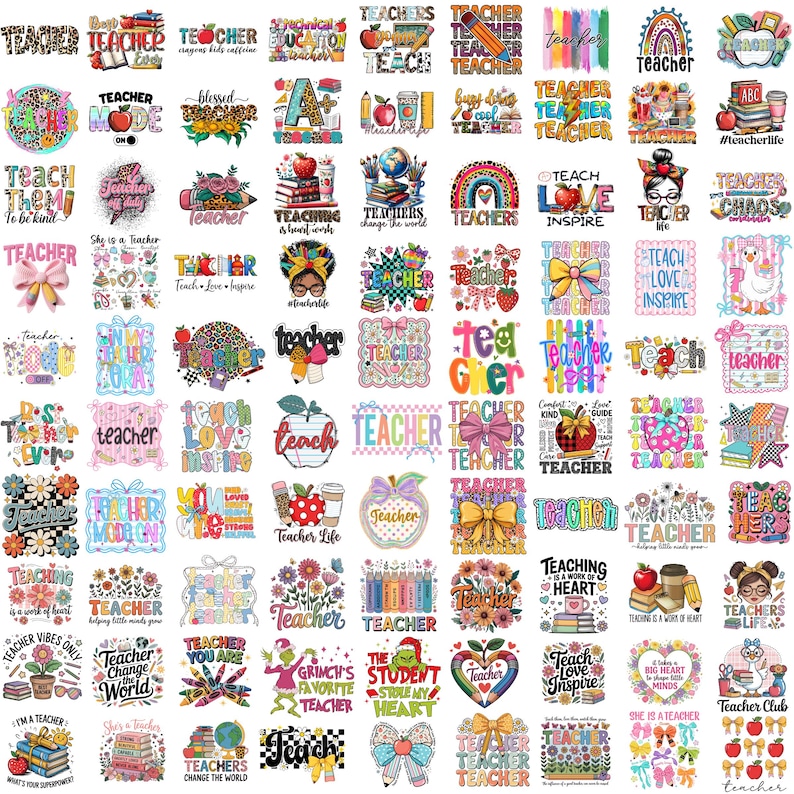May include: A collection of colorful graphic designs featuring the word teacher, apples, pencils, books, rainbows, bows, and floral patterns. These diverse illustrations incorporate various fonts, vibrant color palettes, and school-themed motifs.