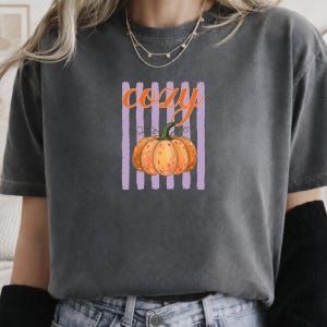 K&ouml;nnte beinhalten: Ein anthrazitfarbenes Kurzarm-T-Shirt mit einem Grafikdruck eines orangefarbenen K&uuml;rbisses, der &uuml;ber vertikalen hellvioletten Streifen zentriert ist. Das Wort "cozy" ist in orangefarbener Schreibschrift &uuml;ber dem K&uuml;rbis abgebildet.
