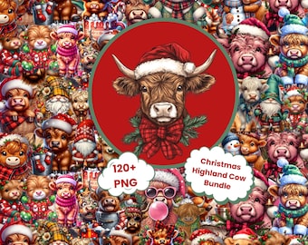 Christmas Highland Kuh PNG Bundle: 120+ festliche Baby Kuh & Sublimationsdesigns (Digitaler Download)