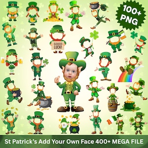 Op de afbeelding: Een verzameling PNG-afbeeldingen met het thema St. Patrick's Day. De afbeeldingen tonen kabouters in verschillende poses, sommige met gezichtsuitsparingen, en bevatten elementen als potten met goud, klavers en de tekst "GOOD LUCK!" en "100+ PNG".