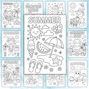 May include: A collection of black and white summer-themed coloring pages. Each page features summer elements like sunshine, beach scenes, ice cream, and children at play. The word "SUMMER" is prominently displayed on several pages.