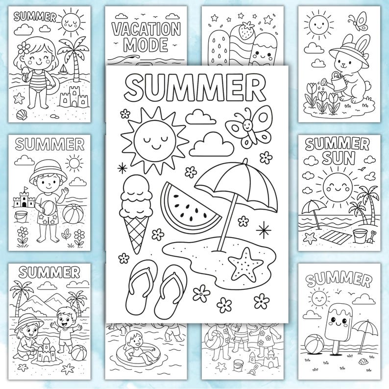 May include: A collection of black and white summer-themed coloring pages. Each page features summer elements like sunshine, beach scenes, ice cream, and children at play. The word "SUMMER" is prominently displayed on several pages.