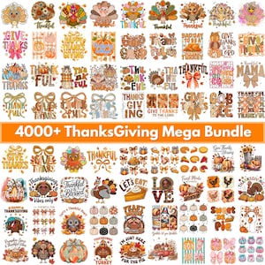 May include: A digital collection of Thanksgiving-themed graphic designs featuring turkeys, pumpkins, bows, and autumn leaves. The images include text such as Thankful, Give Thanks, Feast Mode, and Happy Thanksgiving in various fonts and colors.