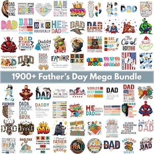 Op de afbeelding: Een verzameling Vaderdag-thema graphics, met het woord "DAD" in verschillende lettertypen en stijlen. De ontwerpen bevatten superhelden thema's, patriottische elementen en humoristische zinnen. De tekst "1900+ Father's Day Mega Bundle" is ook aanwezig.