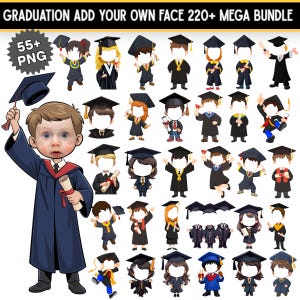 May include: A digital graphic bundle featuring graduation-themed illustrations. The image includes a cartoon illustration of a child in a graduation gown and cap, holding a diploma. The background showcases various graduation figures with customizable faces, and the text "GRADUATION ADD YOUR OWN FACE 220+ MEGA BUNDLE".