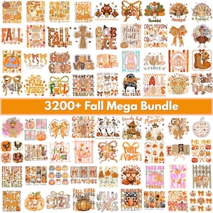 May include: A digital collection of 3200+ fall-themed graphic designs featuring pumpkins, turkeys, autumn leaves, bows, crosses, and seasonal text like Fall Vibes, Thankful, and Hello Fall, presented in a grid layout with orange and brown tones.