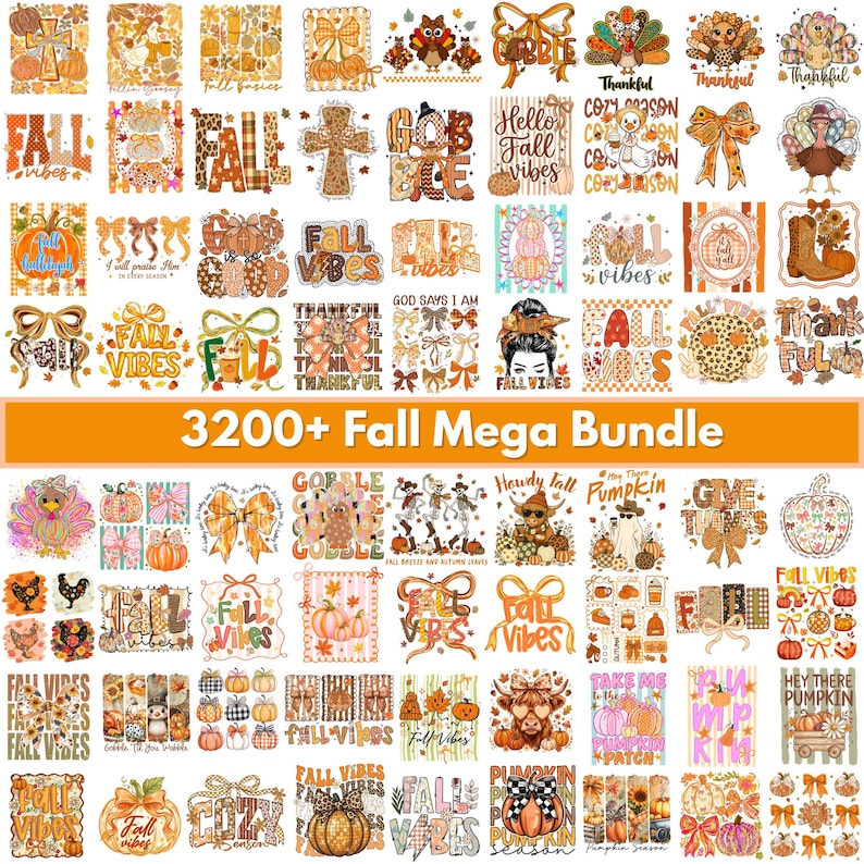 K&ouml;nnte beinhalten: Eine digitale Sammlung von &uuml;ber 3200 herbstlichen Grafikdesigns mit K&uuml;rbissen, Truth&auml;hnen, Herbstbl&auml;ttern, Schleifen, Kreuzen und saisonalen Schriftz&uuml;gen, pr&auml;sentiert in einem Rasterlayout in Orange- und Braunt&ouml;nen.