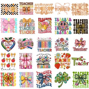 May include: A collection of twenty-five digital graphic designs featuring the word teacher, decorated with various elements including bows, pencils, flowers, strawberries, smiley faces, apples, books, and patterned backgrounds in diverse colors.