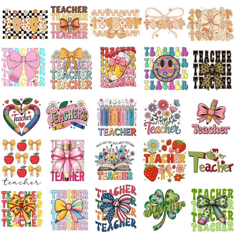 May include: A collection of twenty-five digital graphic designs featuring the word teacher, decorated with various elements including bows, pencils, flowers, strawberries, smiley faces, apples, books, and patterned backgrounds in diverse colors.