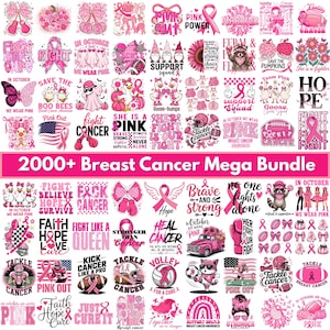 May include: A digital collection of over 2000 pink-themed breast cancer awareness graphic designs featuring ribbons, boxing gloves, footballs, pumpkins, flowers, and various inspirational text slogans like Fight, Hope, and Warrior on a white background.