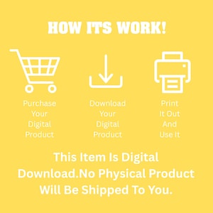 Op de afbeelding: Gele afbeelding met witte tekst en pictogrammen die het downloadproces van digitale producten illustreren. De stappen omvatten kopen, downloaden en afdrukken. Tekst luidt: "Dit artikel is een digitale download. Er wordt geen fysiek product naar u verzonden."