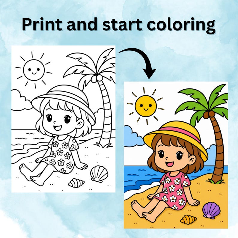 May include: A coloring page featuring a cartoon girl on a beach, with a sun, palm tree, and seashells. The image is split, showing a black and white version next to a colored version. Text reads "Print and start coloring."