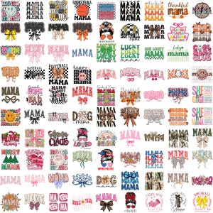 May include: A collection of graphic designs featuring the word "MAMA" in various styles. Designs include bows, sports themes like basketball and football, and holiday-themed graphics. The color palette includes pink, blue, and orange.