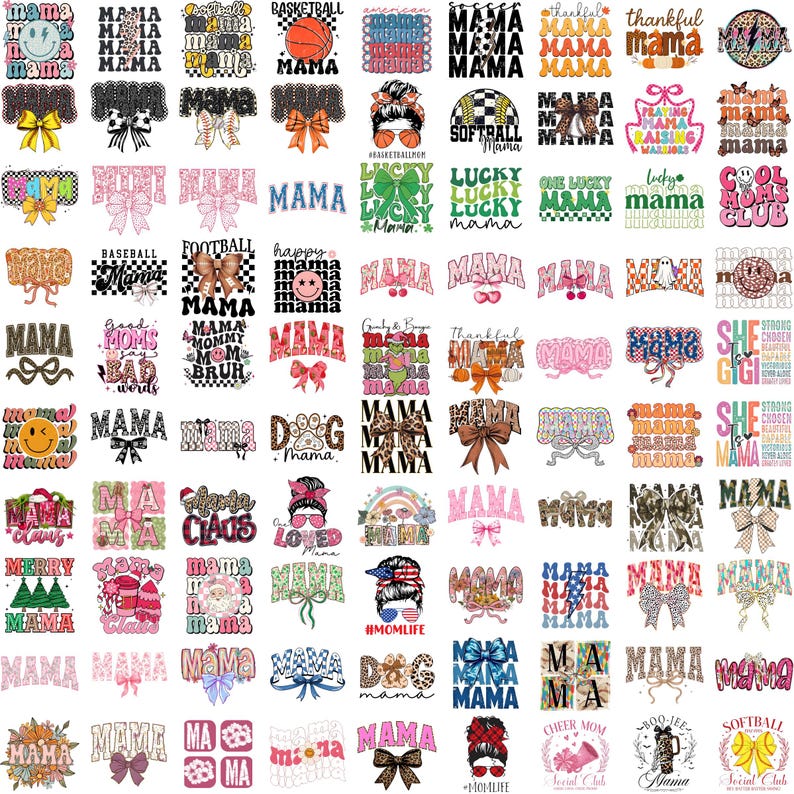 May include: A collection of graphic designs featuring the word "MAMA" in various styles. Designs include bows, sports themes like basketball and football, and holiday-themed graphics. The color palette includes pink, blue, and orange.