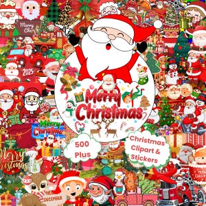 Może przedstawiać: Kolaż z motywami świątecznymi, w tym Świętym Mikołajem, elfami, reniferami i choinkami. Słowa "Merry Christmas" są wyraźnie widoczne, wraz z "500 Plus" i "Christmas Clipart & Stickers". Dominująca paleta kolorów to czerwień i zieleń.