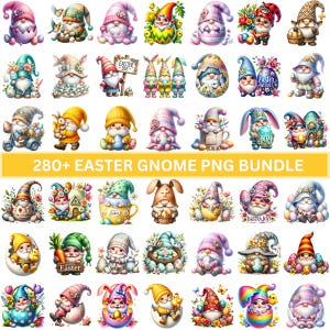 May include: A collection of colorful Easter gnome illustrations. The gnomes are depicted with various hats, holding eggs, carrots, and flowers. The image includes the text "280+ EASTER GNOME PNG BUNDLE".