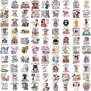 May include: A collection of eighty-eight individual graphic designs featuring various cartoon animals, skeletons, and human characters paired with humorous text slogans, arranged in a grid format on a plain white background.