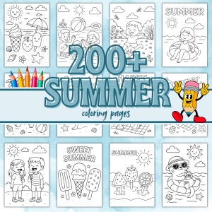 Puede incluir: Una colección de páginas para colorear con temática de verano, con ilustraciones de escenas de playa, helados y niños. El título "200+ páginas para colorear de verano" se muestra. Se ven un conjunto de lápices de colores.