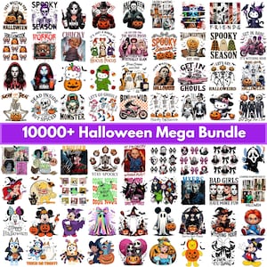 May include: A digital collection of over 10,000 Halloween-themed graphic designs featuring various horror characters, skeletons, pumpkins, and cartoon figures. The images include text elements like Spooky Season, Hocus Pocus, and Halloween Mega Bundle.