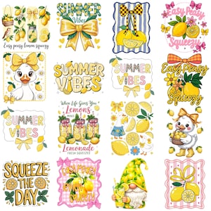 Op de afbeelding: Een verzameling kleurrijke, zomerse afbeeldingen met citroenen, strikken en tekst. Ontwerpen bevatten zinnen als "Summer Vibes", "Easy Peasy Lemon Squeezy" en "Squeeze the Day". De illustraties hebben een vrolijke, cartoonachtige stijl, perfect voor zomerse knutselwerkjes.