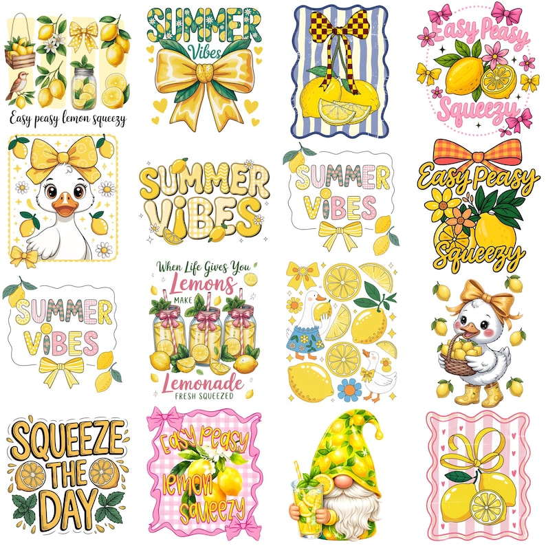 Op de afbeelding: Een verzameling kleurrijke, zomerse afbeeldingen met citroenen, strikken en tekst. Ontwerpen bevatten zinnen als "Summer Vibes", "Easy Peasy Lemon Squeezy" en "Squeeze the Day". De illustraties hebben een vrolijke, cartoonachtige stijl, perfect voor zomerse knutselwerkjes.