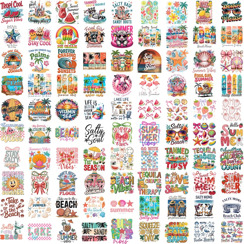 Op de afbeelding: Een verzameling kleurrijke zomerstickers met verschillende ontwerpen en tekst. De stickers bevatten afbeeldingen van stranden, flamingo's, cocktails en zinnen als "Summer Vibes" en "Beach Please."