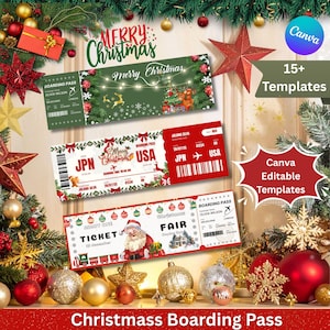 Op de afbeelding: Feestelijke kerst boarding pass templates. De afbeelding toont drie boarding passes met vakantieontwerpen, waaronder de kerstman, rendieren en kerstbomen. De tekst "Merry Christmas" wordt weergegeven, samen met Canva-sjablonen.