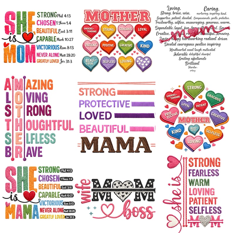 May include: A collection of embroidered designs with words and phrases related to motherhood. The designs include the words "Mother," "Mama," and "Boss," along with positive attributes like "Strong," "Loving," and "Beautiful." The color palette includes red, pink, green, and purple.