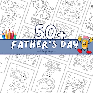 Op de afbeelding: Een verzameling kleurplaten voor Vaderdag met verschillende illustraties van vaders en kinderen. De afbeelding bevat de tekst "50+ Vaderdag kleurplaten" en een cartoon potloodpersonage. Kleurpotloden zijn zichtbaar.