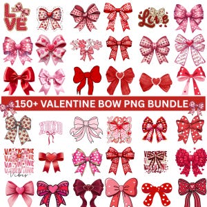 Puede incluir: Una colección de lazos de San Valentín en rojo, rosa y blanco. Los diseños incluyen corazones y patrones de "XOXO". La imagen también incluye el texto "150+ VALENTINE BOW PNG BUNDLE".