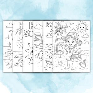 May include: A collection of black and white line art coloring pages with a summer theme. The pages depict beach scenes with a surfboard, sun, beach chair, and a girl on the beach. The text "Happy Summer By" is also included.