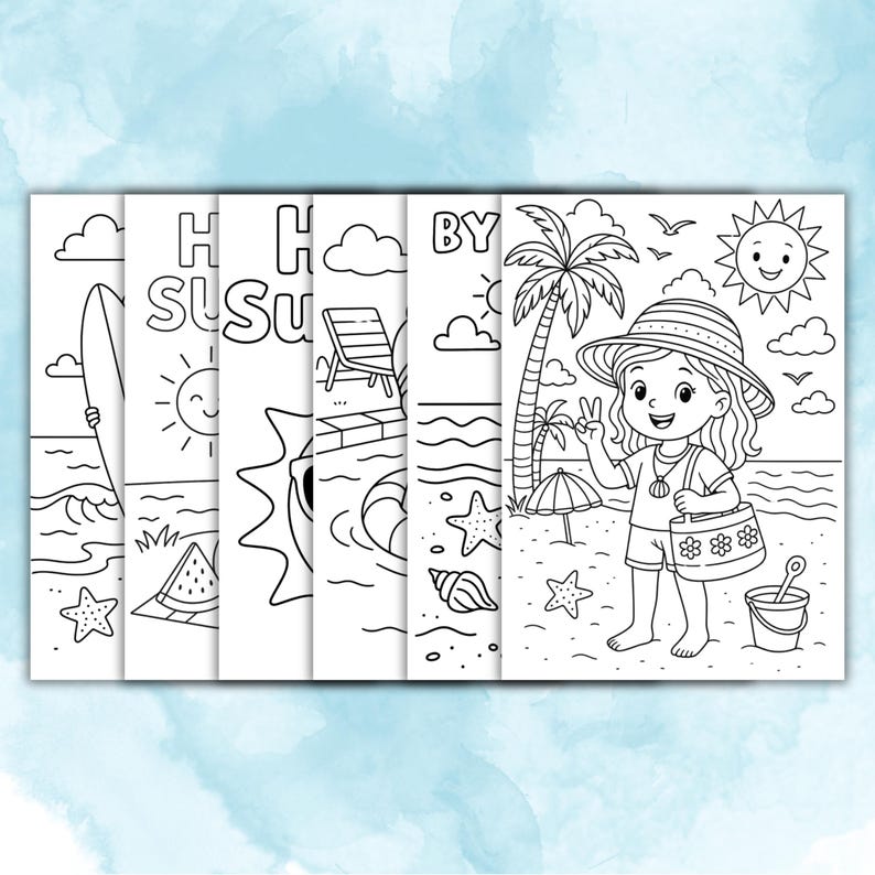 May include: A collection of black and white line art coloring pages with a summer theme. The pages depict beach scenes with a surfboard, sun, beach chair, and a girl on the beach. The text "Happy Summer By" is also included.