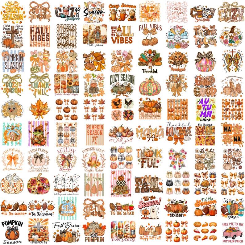 K&ouml;nnte beinhalten: Eine Sammlung digitaler Grafikdesigns mit herbstlichen Motiven wie K&uuml;rbissen, Truth&auml;hnen, Herbstbl&auml;ttern, Schleifen und Schriftz&uuml;gen wie Cozy Season, Fall Vibes und Thankful, angeordnet in einem Raster in verschiedenen Orange- und Braunt&ouml;nen.