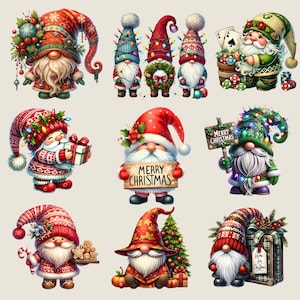 May include: A collection of nine Christmas gnomes in various poses. The gnomes wear festive hats and outfits, some holding gifts, signs that say "Merry Christmas", or gingerbread cookies. The color palette includes red, green, and white.