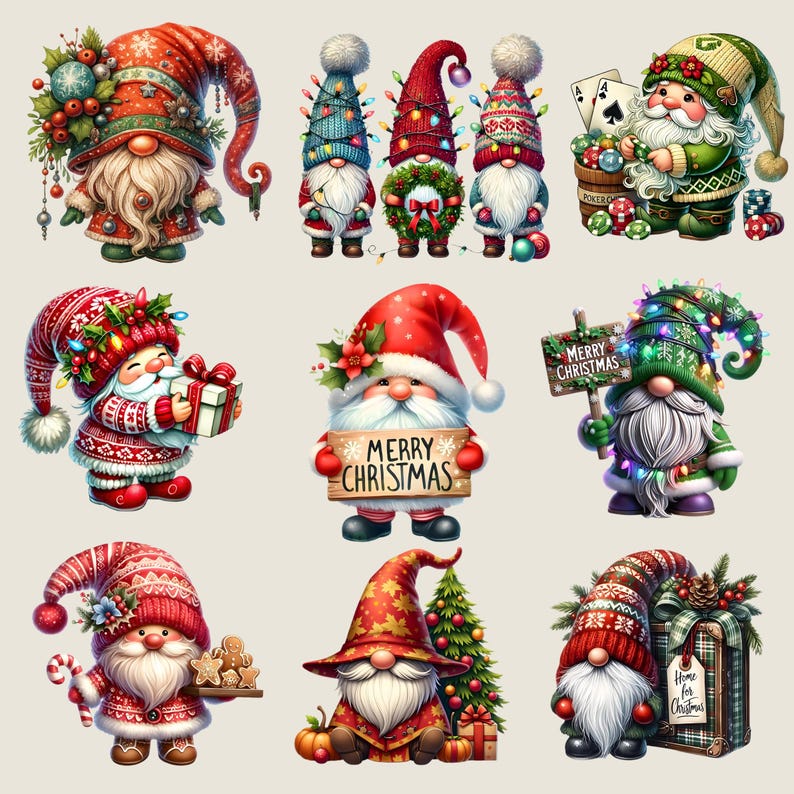 May include: A collection of nine Christmas gnomes in various poses. The gnomes wear festive hats and outfits, some holding gifts, signs that say "Merry Christmas", or gingerbread cookies. The color palette includes red, green, and white.