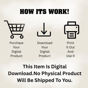 May include: An infographic with the text "HOW ITS WORK!" shows a shopping cart, a download icon, and a printer icon. Text below each icon explains the process: Purchase, Download, Print. The text "This Item Is Digital" and "Download. No Physical Product Will Be Shipped To You" is also included.