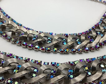 Vintage Aurora Borealis Rhinestone Necklace Bracelet Set Silver-Tone Costume Jewelry