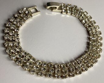 Vintage Silver Tone Three Row Rhinestone Bracelet (7 inches)