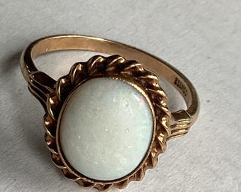 Vintage 10K Solid Gold Opal Ring, Esemco Signed Bezel Setting, Size 5.5