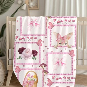 Pink Easter Bunny Patchwork Velveteen Blanket | Floral Lace Nursery Throw