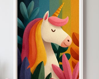 Arte de pared de unicornio arcoíris / Decoración infantil caprichosa / Arte imprimible para habitación infantil / Descarga digital