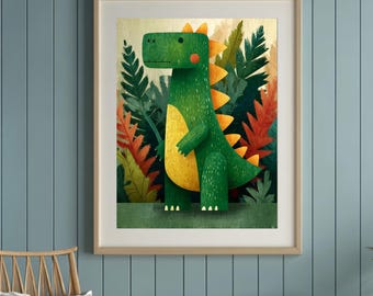 Arte de pared imprimible de dinosaurios para guardería / Ilustración de dinosaurio verde caprichoso / Decoración para habitación infantil y guardería de jungla / Descarga digital