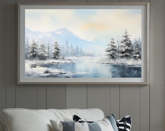 Arte mural con paisaje invernal imprimible / Paisaje de bosque nevado y lago / Decoración invernal minimalista y serena / Descarga digital