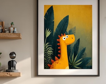 Arte imprimible de pared para guardería de dinosaurios / Ilustración de dinosaurio naranja / Decoración infantil caprichosa y de jungla / Descarga digital